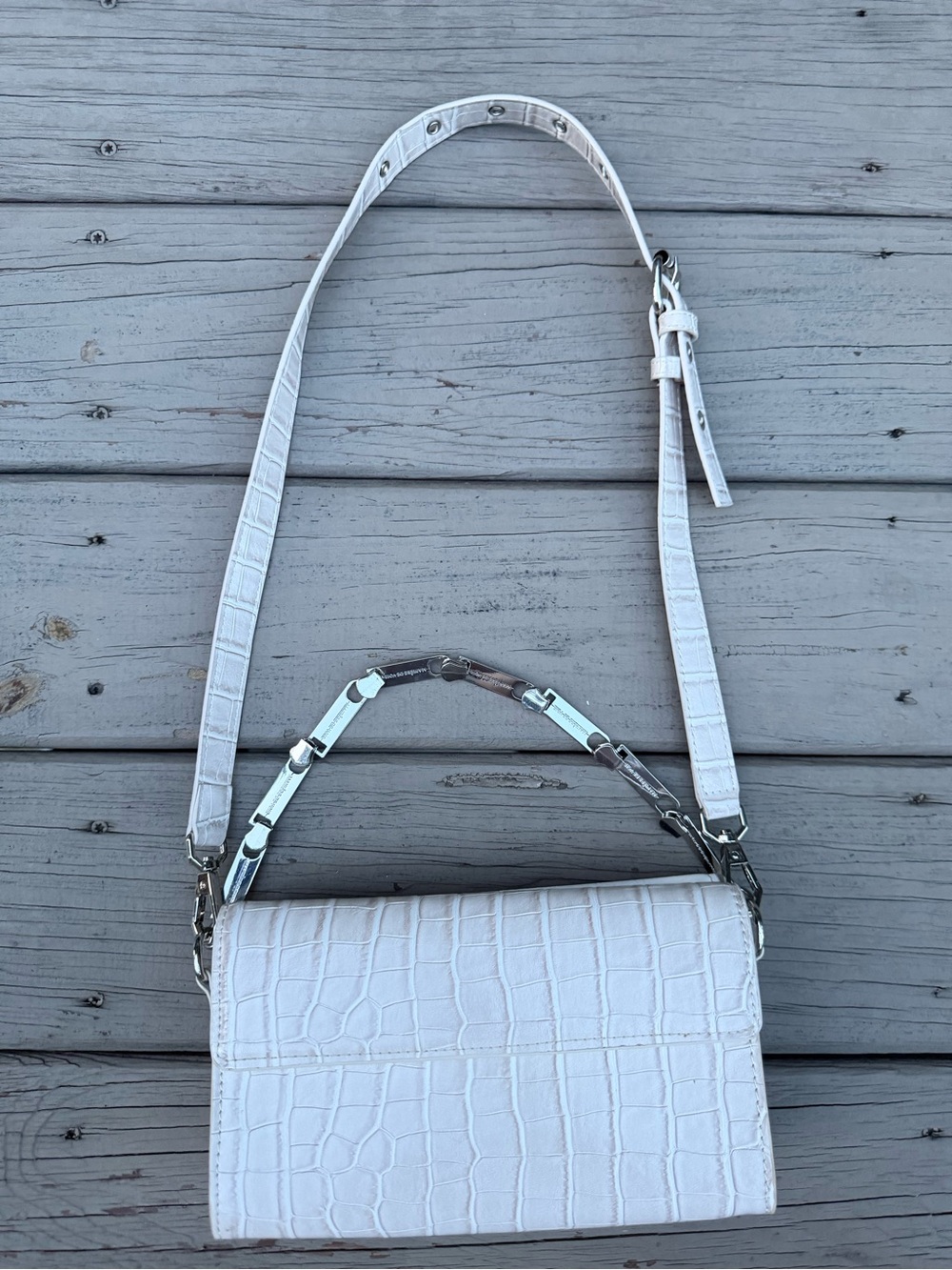 Maniere De Voir White and Croc-Embossed double Crossbody with Zipper Chain